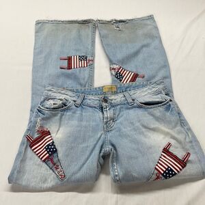 BKE Light Blue Boyfriend Jeans with American Flag Patchwork